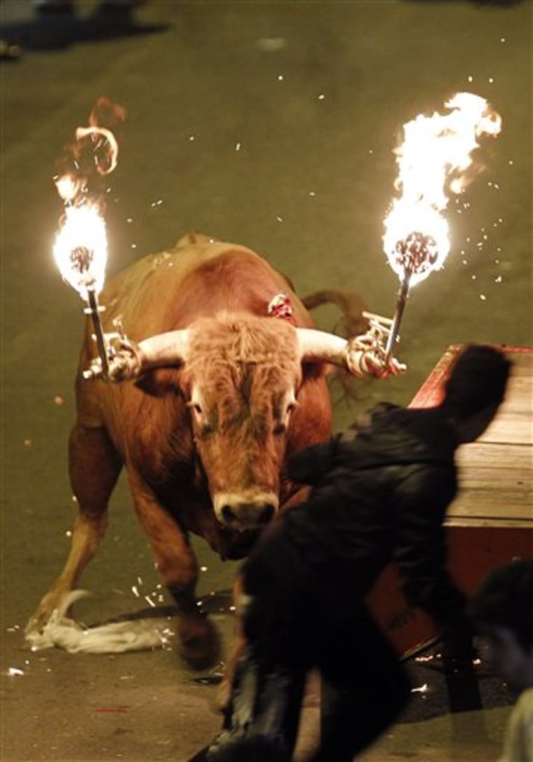A reveler runs away from a bull with flaming horns during a festivity in honor of Saint Anthony, the patron saint of animals, in the streets of Gilet, a town near Valencia, Spain, in January. Lawmakers on Wednesday passed a bill effectively endorsing the tradition.